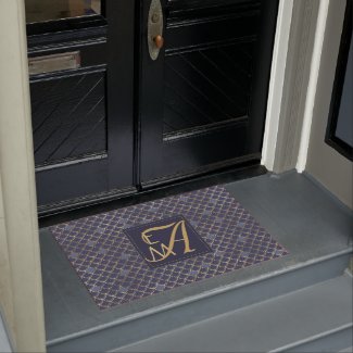 Mermaid Scales Monogram Navy Blue Gold Home Decor Doormat