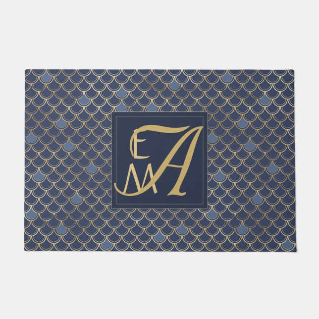 Mermaid Scales Monogram Navy Blue Gold Home Decor Doormat (Front)