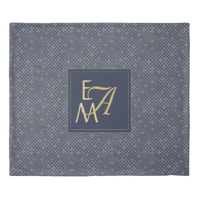 Mermaid Scales Monogram Navy Blue Gold Home Decor Duvet Cover (Front)