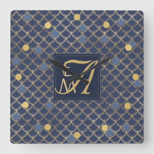 Mermaid Scales Monogram Navy Blue Gold Home Decor Square Wall Clock