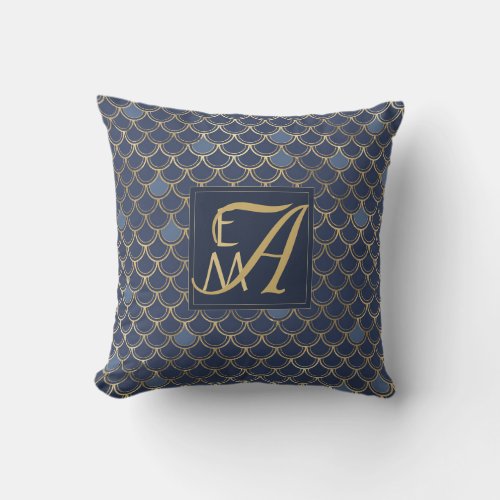 Mermaid Scales Monogram Navy Blue Gold Home Decor Throw Pillow