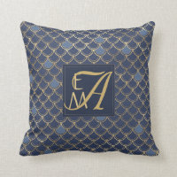 Mermaid Scales Monogram Navy Blue Gold Home Decor Throw Pillow