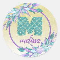 Mermaid Scales Monogram | Watercolor Ombre Floral Classic Round Sticker