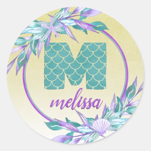 Mermaid Scales Monogram  Watercolor Ombre Floral Classic Round Sticker
