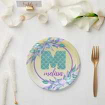 Mermaid Scales Monogram | Watercolor Ombre Floral Paper Plates