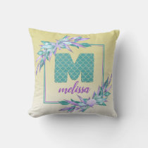 Mermaid Scales Monogram | Watercolor Ombre Glitter Throw Pillow