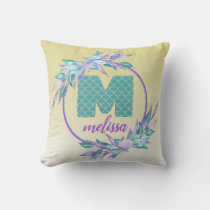 Mermaid Scales Monogram | Watercolor Ombre Teal Throw Pillow