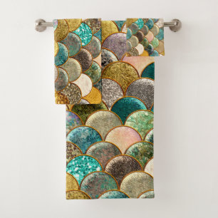 Mermaid Scales Multi Color Glitter Glam Modern Bath Towel Set