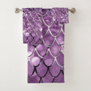 Mermaid Scales on Aqua Purple MERMAID Glitter #2 Bath Towel Set