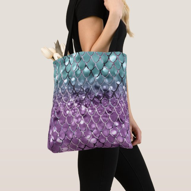 Mermaid Scales on Aqua Purple MERMAID Glitter #2 Tote Bag (Close Up)