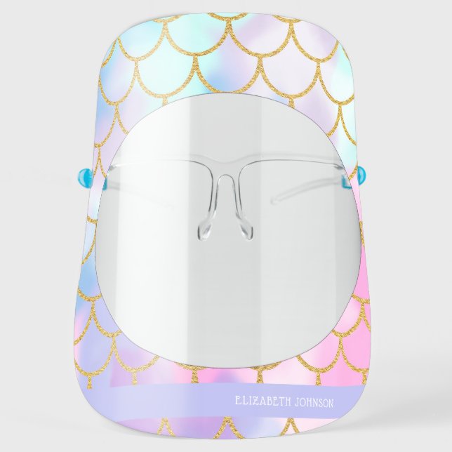 Mermaid Scales Pastel Pink Lilac Ombre Gold Name Face Shield (Front)