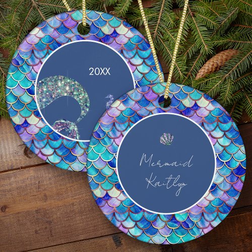 Mermaid Scales Pattern Girls Name Christmas Ceramic Ornament