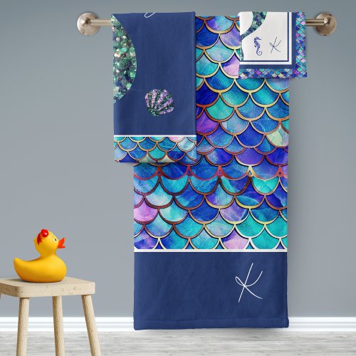 Mermaid Scales Pattern Monogrammed Girls Name Bath Towel Set