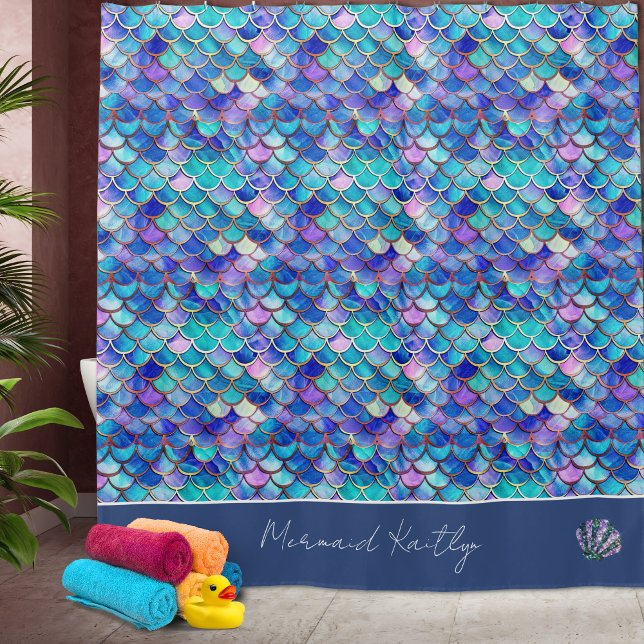 Mermaid Scales Pattern Monogrammed Girls Name Shower Curtain (Creator Uploaded)