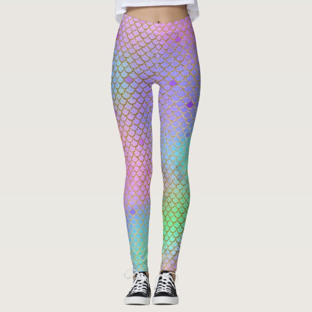 Mermaid Scales Pattern Pastel Rainbow Colors Gold Leggings (Front)