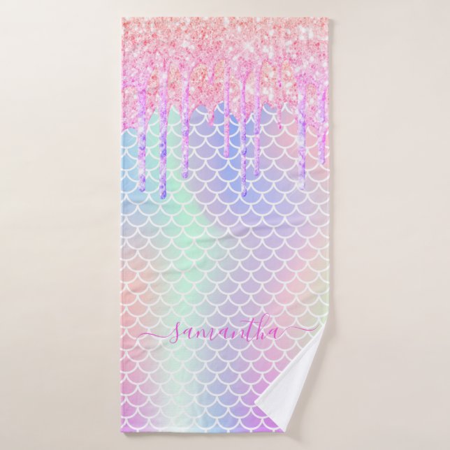 Mermaid scales pink holographic name bath towel (Bath Towel)