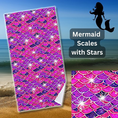 Mermaid Scales Pink Mauve with Stars Beach Towel