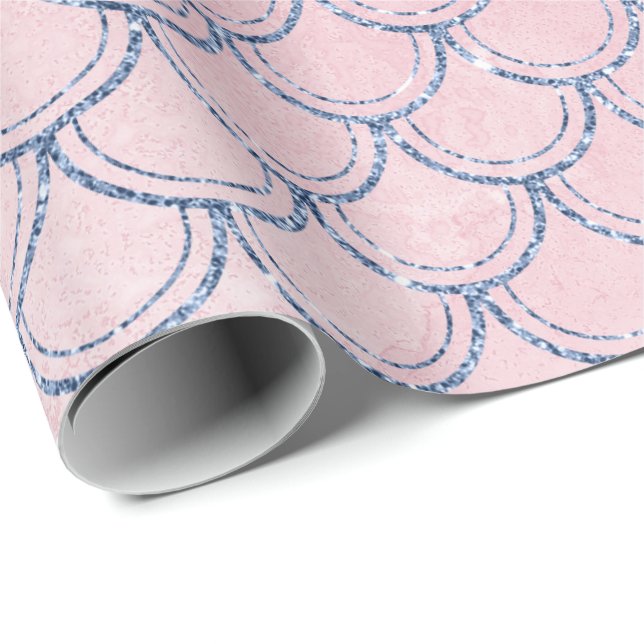Mermaid Scales Pink Rose Glitter Blue Navy Spark Wrapping Paper (Roll Corner)