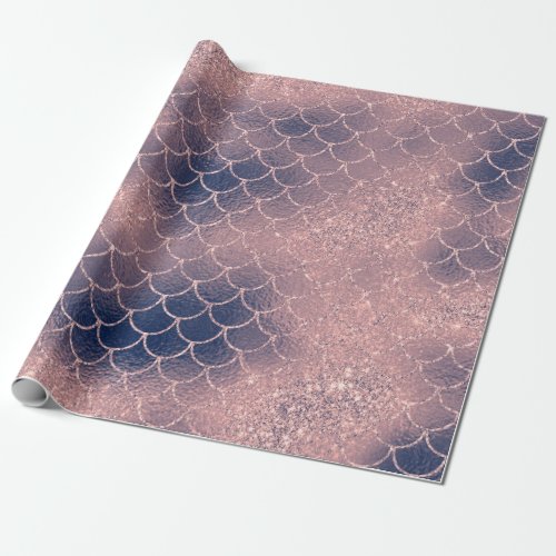 Mermaid Scales Pink Rose Glitter Navy Blush Spark Wrapping Paper