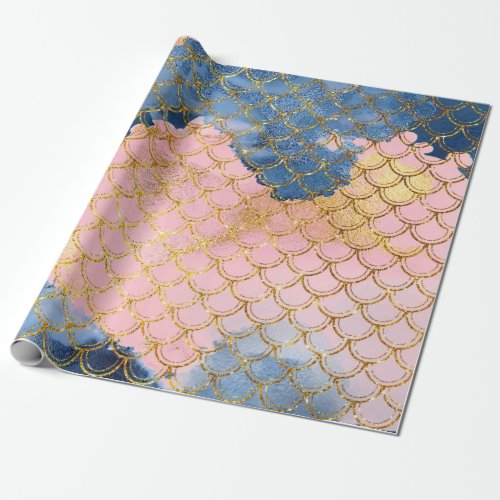 Mermaid Scales Pink Rose Glitter Navy Ink Gold Spa Wrapping Paper