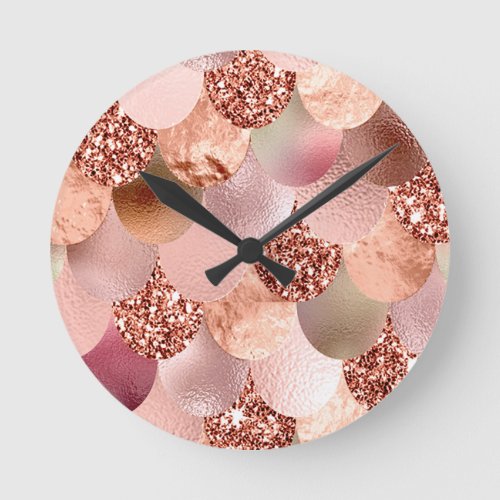 Mermaid Scales Pink Rose Gold Blush Princess Round Clock