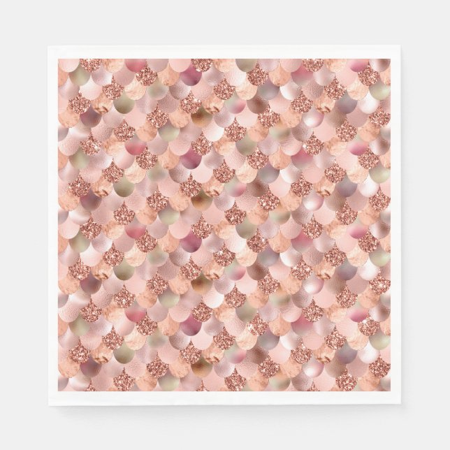 Mermaid Scales Pink Rose Gold Glitter Pink Copper Napkins (Front)