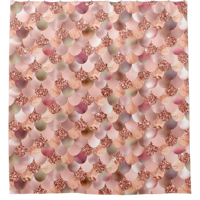 Mermaid Scales Pink Rose Gold Glitter Spark Copper Shower Curtain (Front)