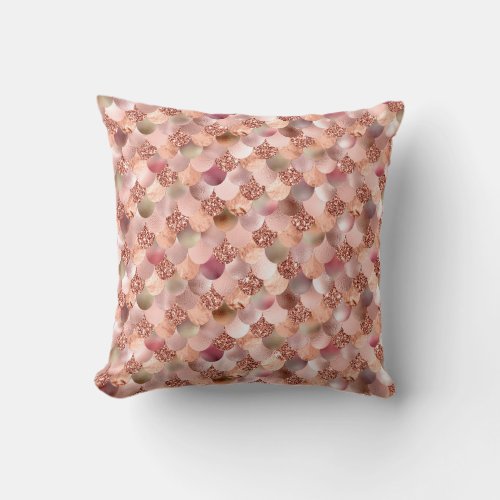 Mermaid Scales Pink Rose Gold Glitter Spark Copper Throw Pillow