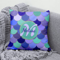 Mermaid Scales Purple &amp; Aqua Teal Monogram Name Outdoor Pillow