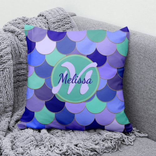 Mermaid Scales Purple  Aqua Teal Monogram Name Outdoor Pillow