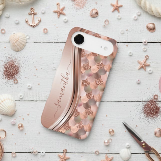 Mermaid Scales Rose Gold Handwritten Name Metal iPhone Case (Creator Uploaded)