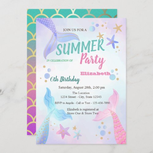 Mermaid Scales Seastars Birthday Party  Invitation