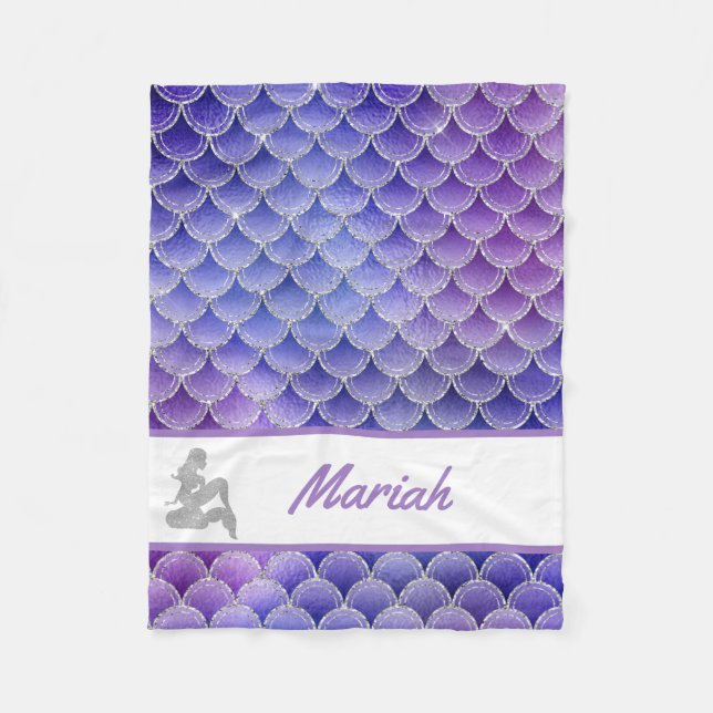 *~* Mermaid Scales Silver Glitter Purple Blue Fleece Blanket (Front)