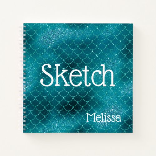 Mermaid Scales Teal Glitter Monogram Sketchbook Notebook