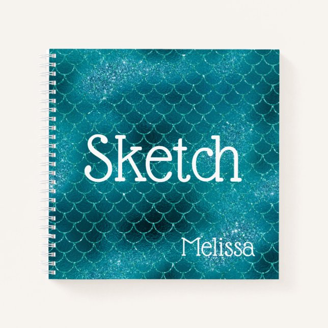 Mermaid Scales Teal Glitter Monogram Sketchbook Notebook (Front)