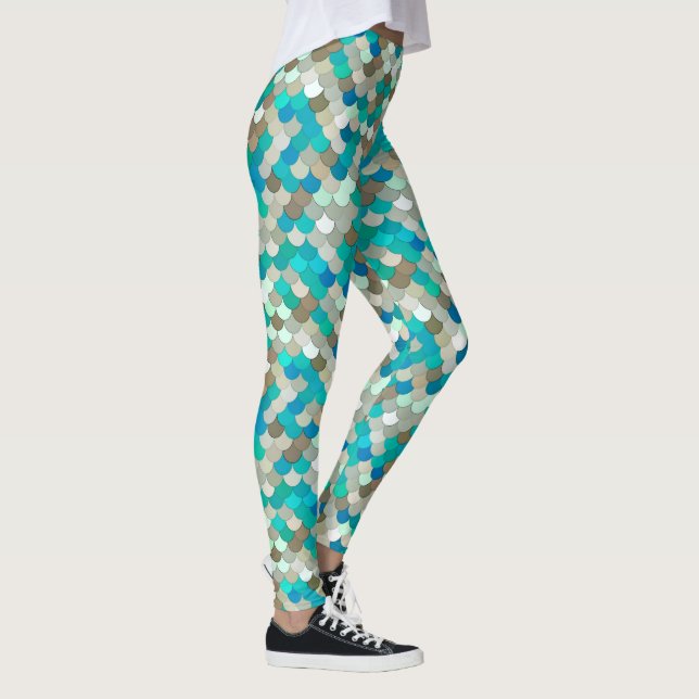 Mermaid Scales, Turquoise, Aqua, Taupe, & Cream Leggings (Right)
