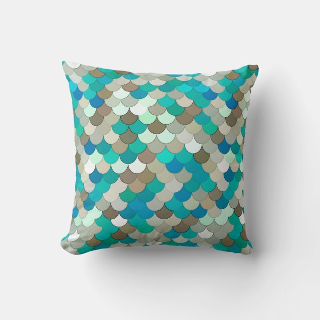 Mermaid Scales, Turquoise, Aqua, Taupe, & Cream Throw Pillow (Front)