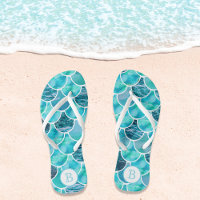 Mermaid scales turquoise aquamarine monogram flip flops