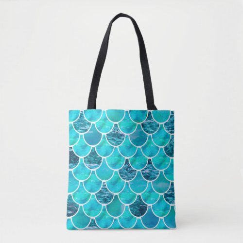 Mermaid scales turquoise blue tote bag