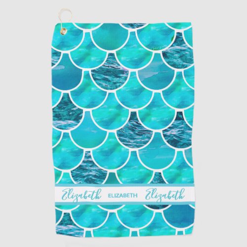 Mermaid scales turquoise green blue name golf towel