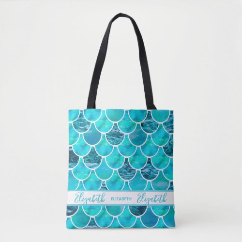 Mermaid scales turquoise monogram name tote bag