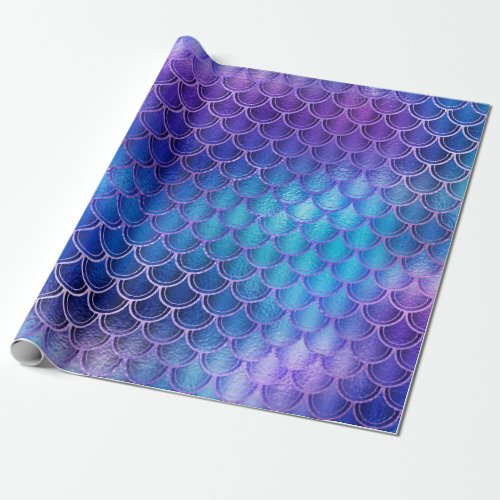 Mermaid Scales Unicorn Metallic Blue Navy Pink Wrapping Paper