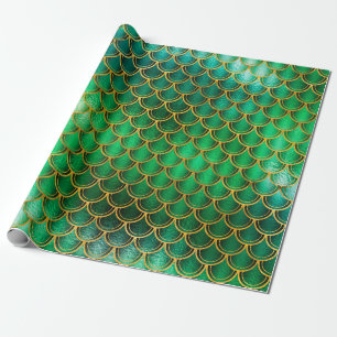 Mermaid Scales Unicorn Metallic Emerald Gold Green Wrapping Paper