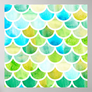 Mermaid scales. Watercolor fish scales. Bright sum Poster
