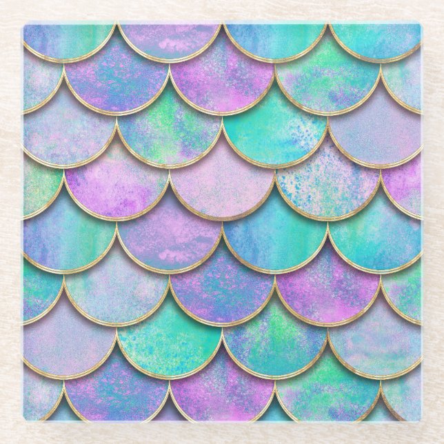 Mermaid scales: watercolor wave pattern. glass coaster (Front)