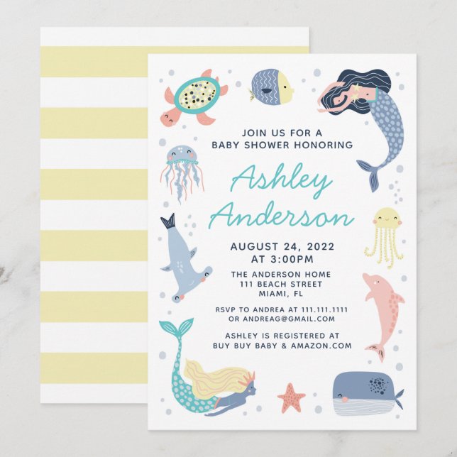 Mermaid Sea Animals Baby Shower Invitation (Front/Back)