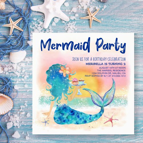 Mermaid Sea  Beach Cupcakes  Starfish Birthday Invitation