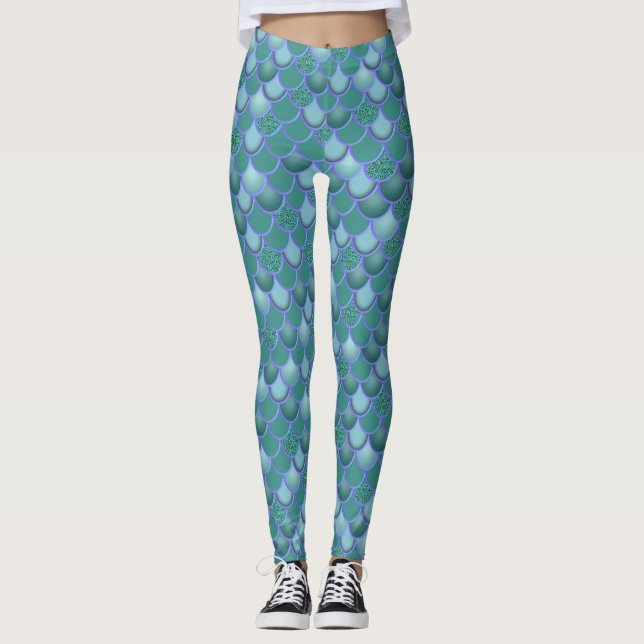 Mermaid Sea Blue Green Scale Leggings (Front)