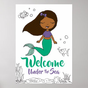 Mermaid Sea Creature Party Black Mermaid Cartoon Poster