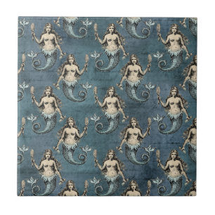 Mermaid Sea Creatures Ocean Blue Color Handwritten Ceramic Tile